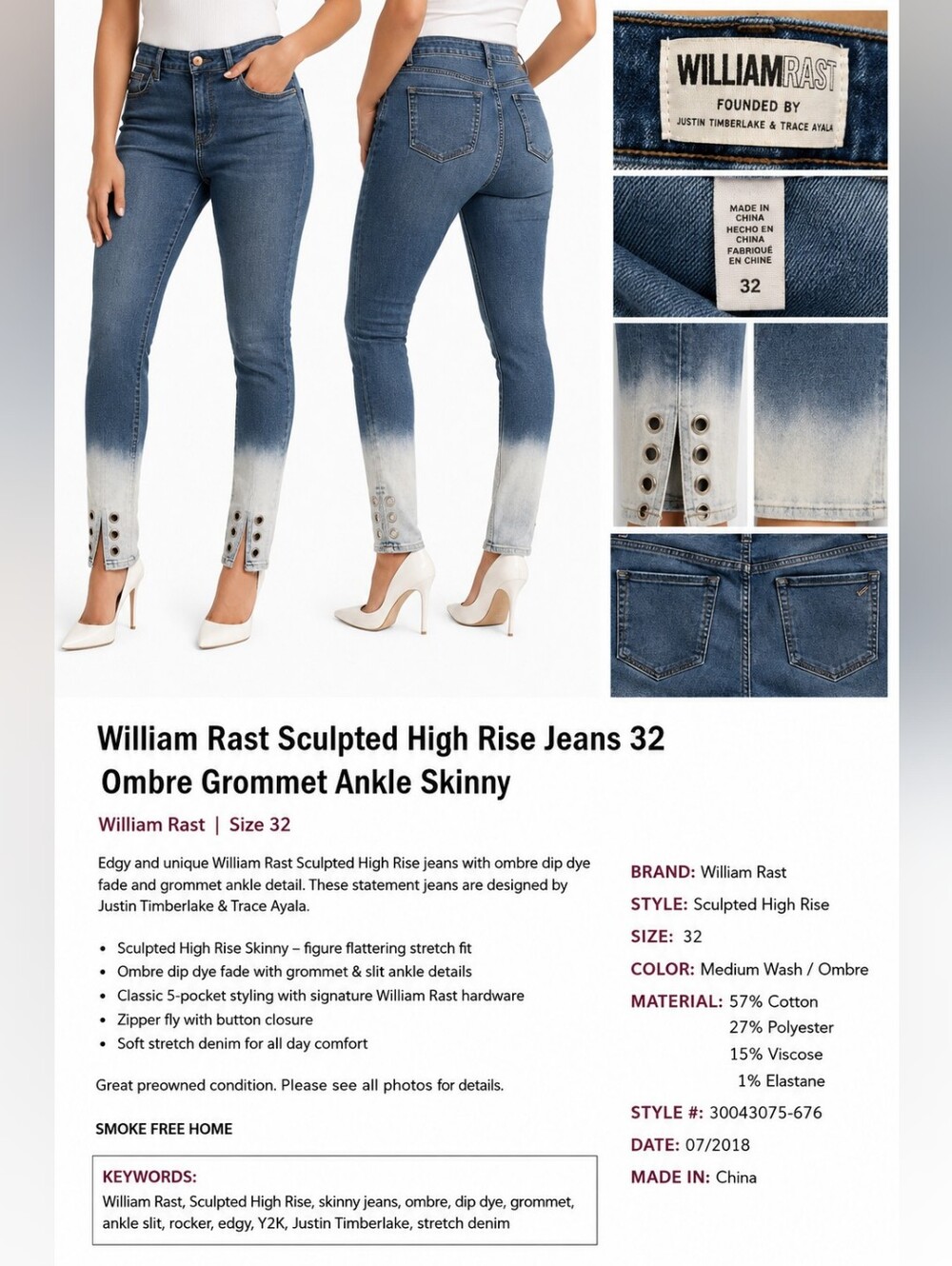 William Rast Sculpted Highrise Jeans 32 Ombre Grommet Ankle Skinny